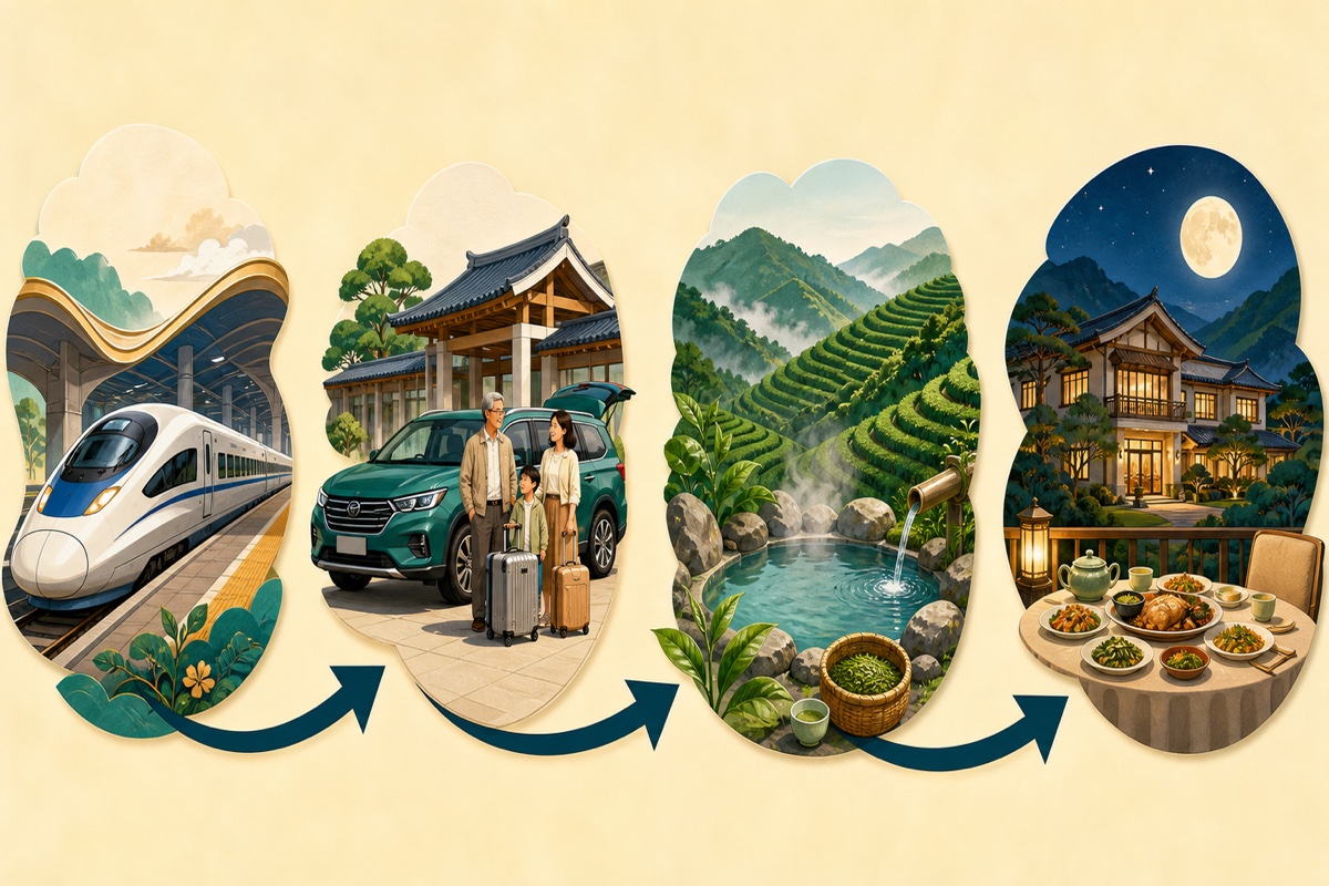 7月29日路线示意:高铁出发、厦门北取车、茶山泡温泉、酒店吃晚餐